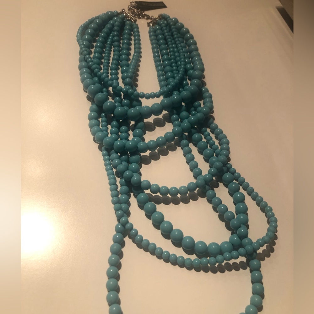 NWT R J Graziano beautiful 7 strand turquoise bead adj necklace w/ silver clasp